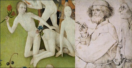 Αριστερά: Ιερώνυμος Μπος, ο Κήπος των Επίγειων Ηδονών. Δεξιά: Πίτερ Μπρύγκελ, αυτοπροσωπογραφία: ο Καλλιτέχνης και ο Connoisseur