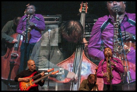 Rudresh Mahanthappa’s Gamak Quartet on the Jumbotron: Dave Fiuczynski gtr, Francois Mouton bass, Dan Weiss drums