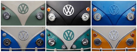 The Volkswagen logo. The classic VW Type 2 camper van has been made in Braz