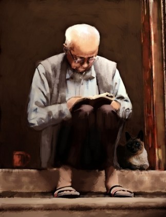 Reading-painting-old-man-on-stoop