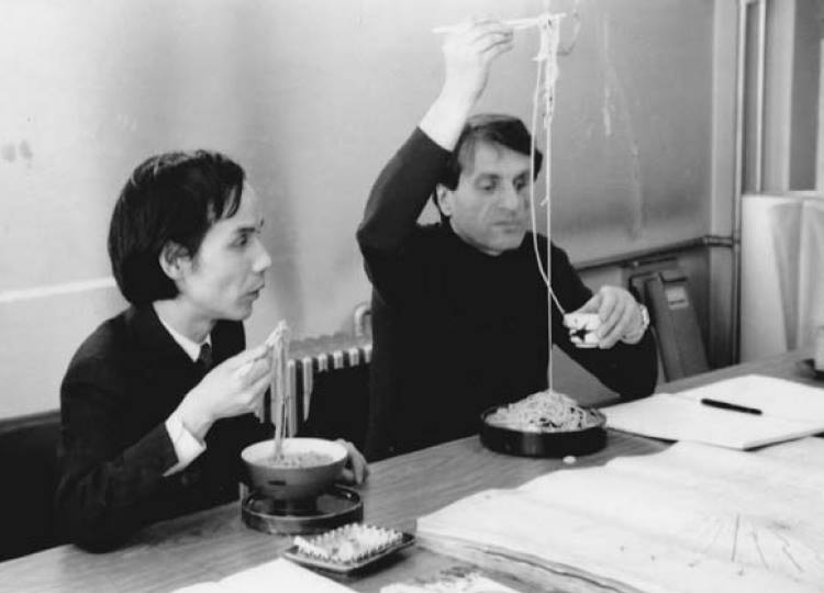 Toru Takemitsu and Iannis Xenakis eating soba