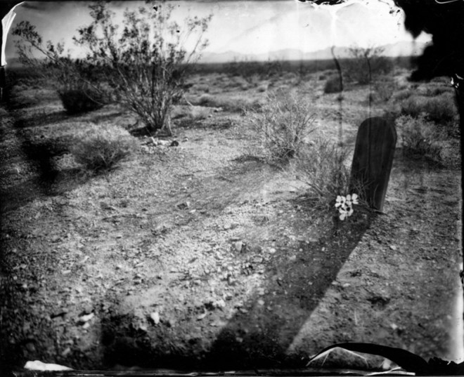wooden headstone and plastic flowers, Nevada