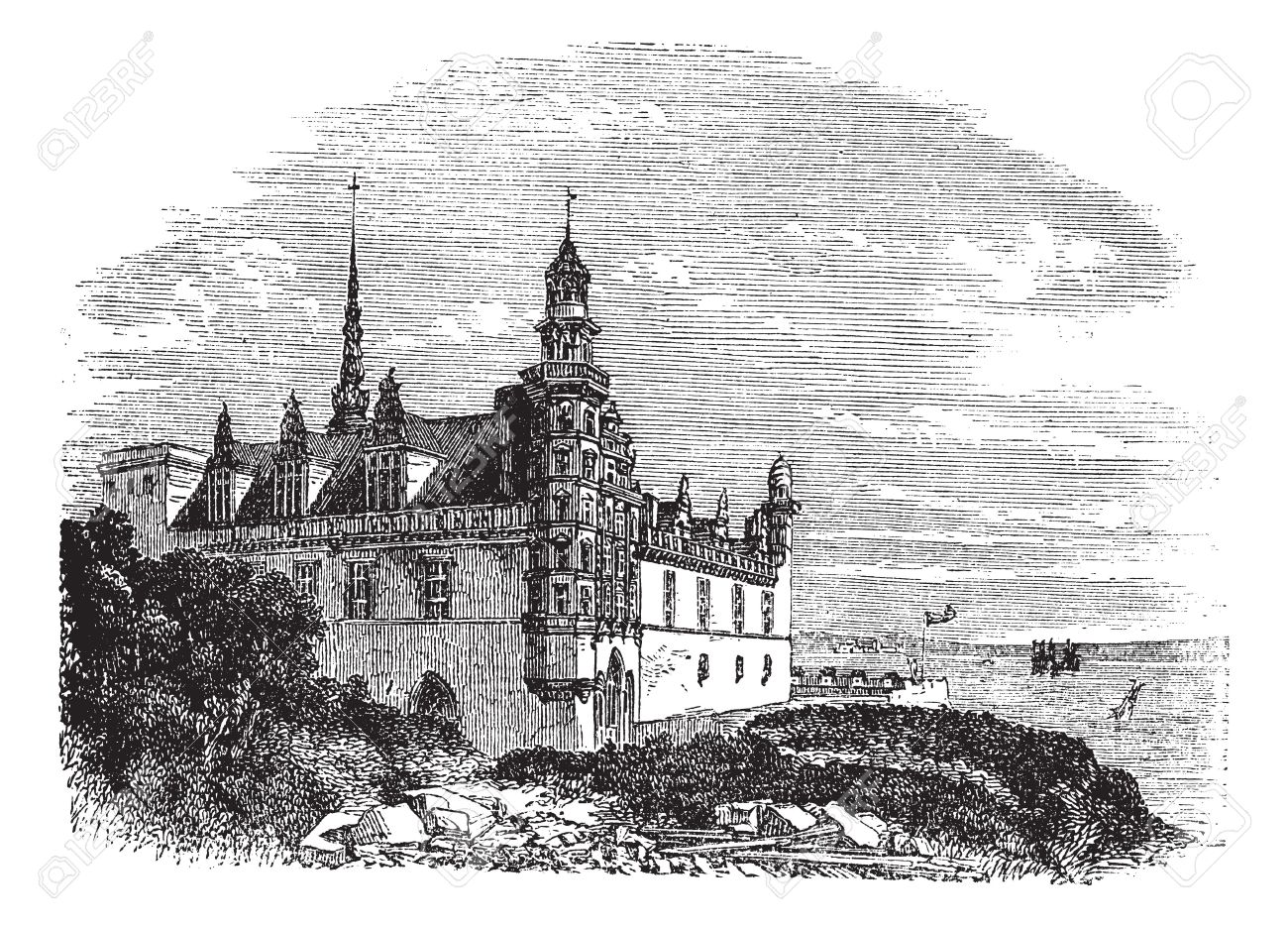 13771767-Kronborg-Castle-in-Helsingor-Denmark-during-the-1890s-vintage-engraving-Old-engraved-illustration-of-Stock-Vector